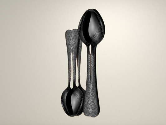 OllaLuxe 20-Piece Floral Engraved Flatware Set - Elegant Silver & Black Tableware Collection