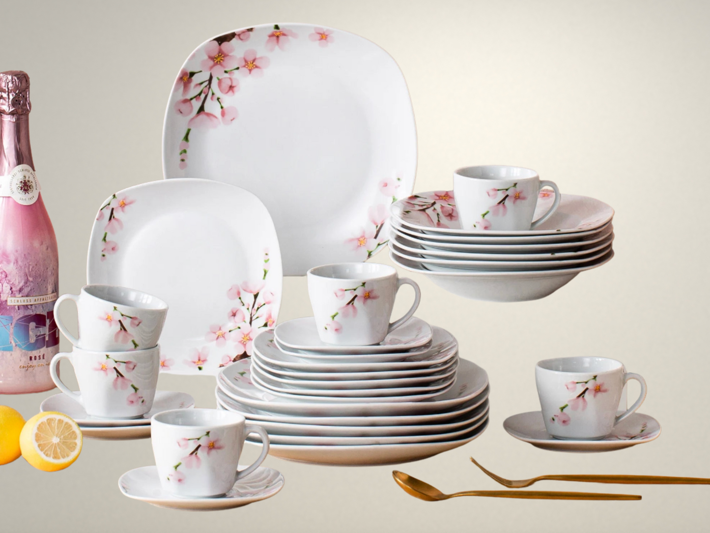 OllaLuxe 30/60-Piece White Porcelain Dinnerware Set – Pink Floral Design for 12 Persons