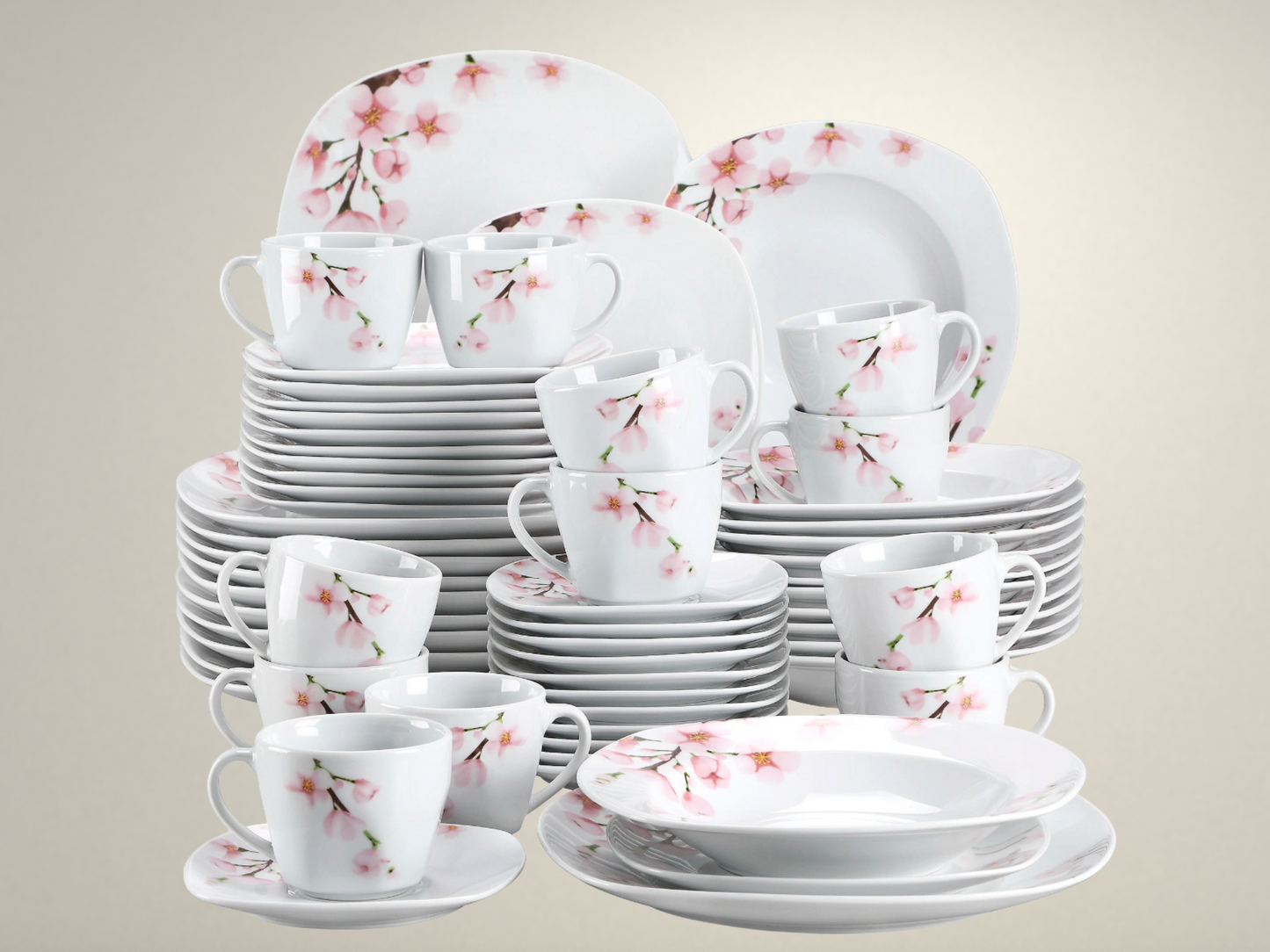 OllaLuxe 30/60-Piece White Porcelain Dinnerware Set – Pink Floral Design for 12 Persons