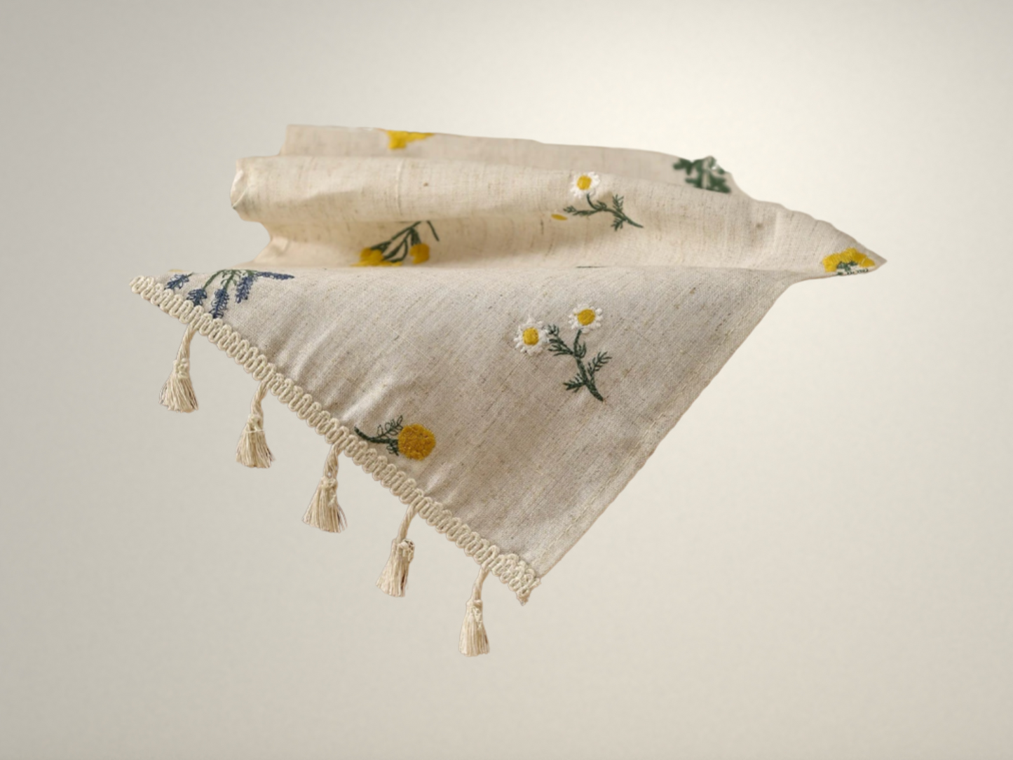 OllaLuxe Linen Wheat Fringe Embroidered Table Runner – Rustic Elegance for Dining & Living Spaces