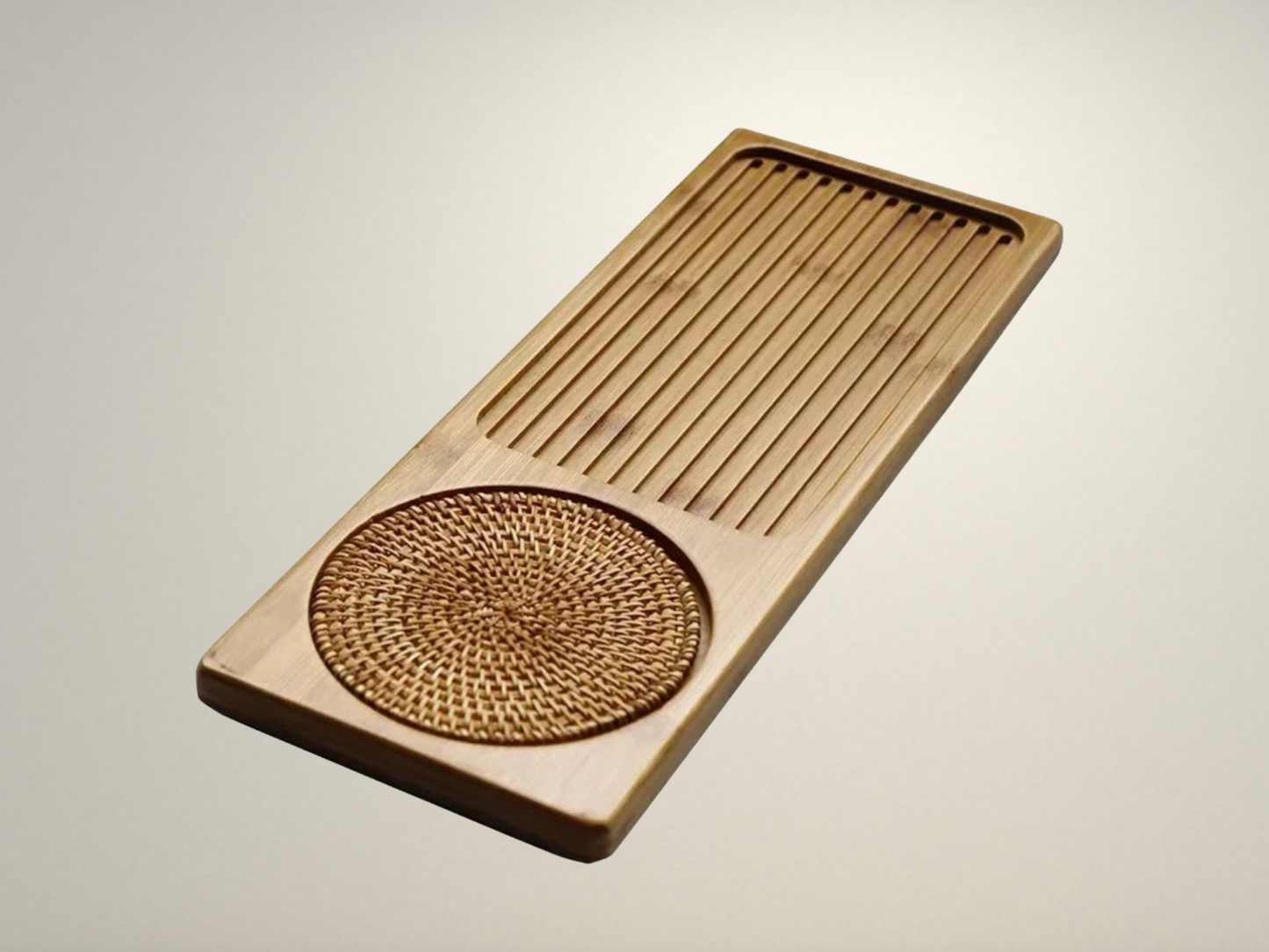 OllaLuxe Small Bamboo Tea Tray with Woven Rattan Mat – Natural Tea Board & Serving Tray