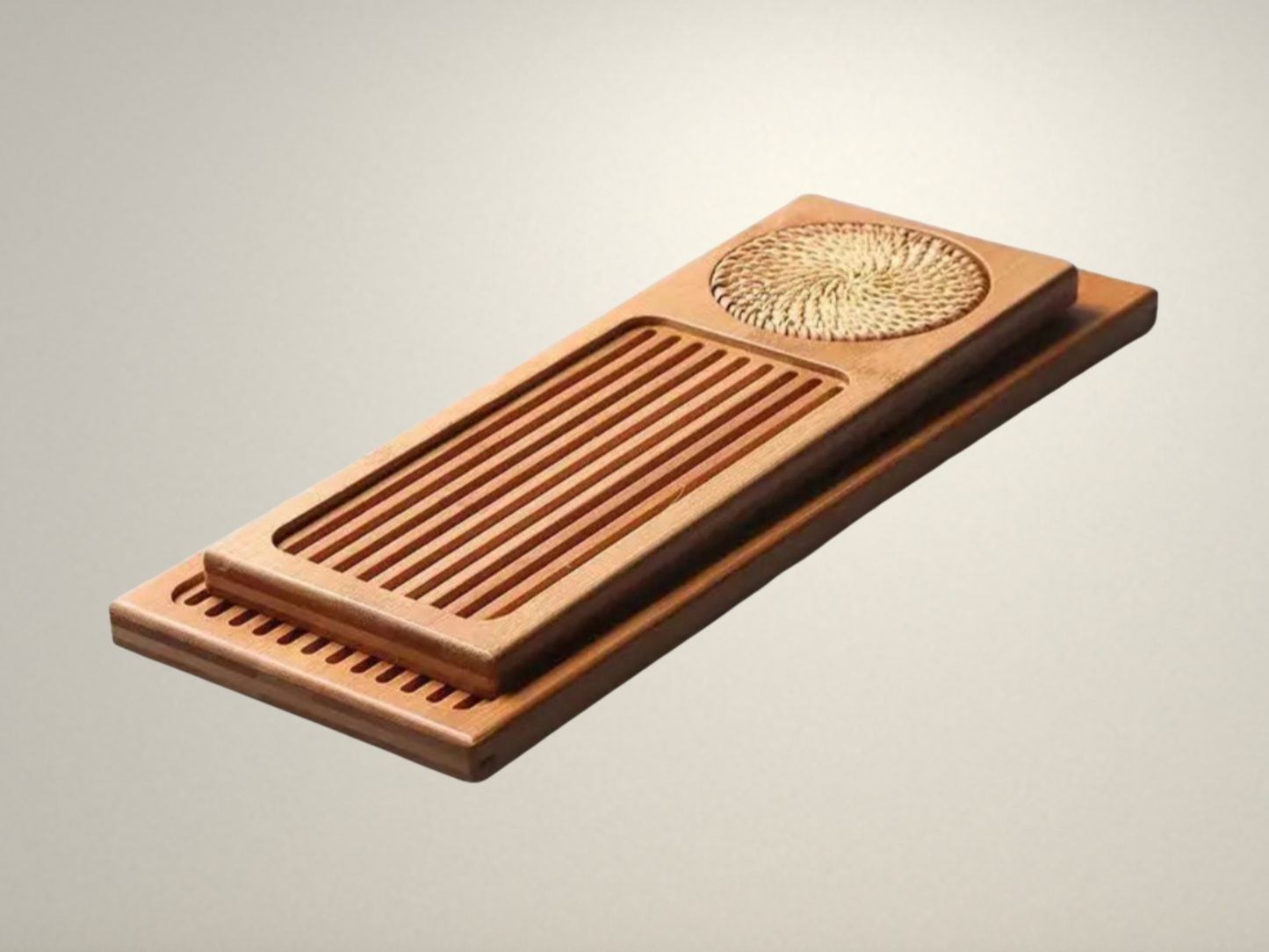 OllaLuxe Small Bamboo Tea Tray with Woven Rattan Mat – Natural Tea Board & Serving Tray