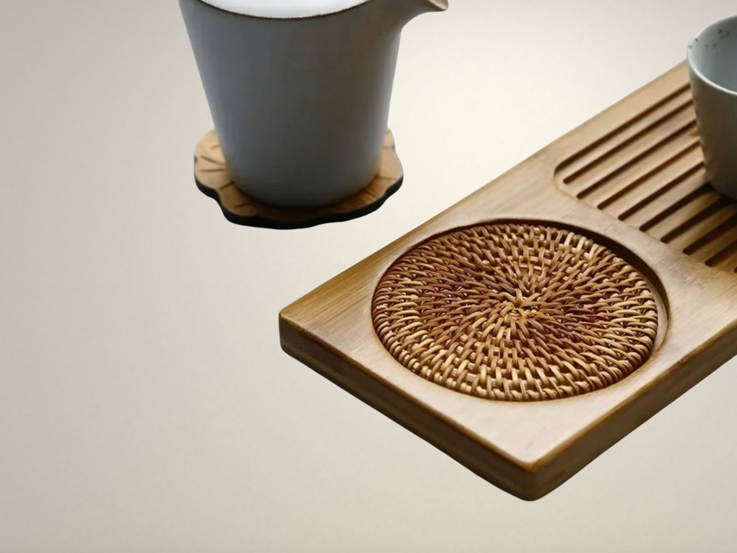 OllaLuxe Small Bamboo Tea Tray with Woven Rattan Mat – Natural Tea Board & Serving Tray