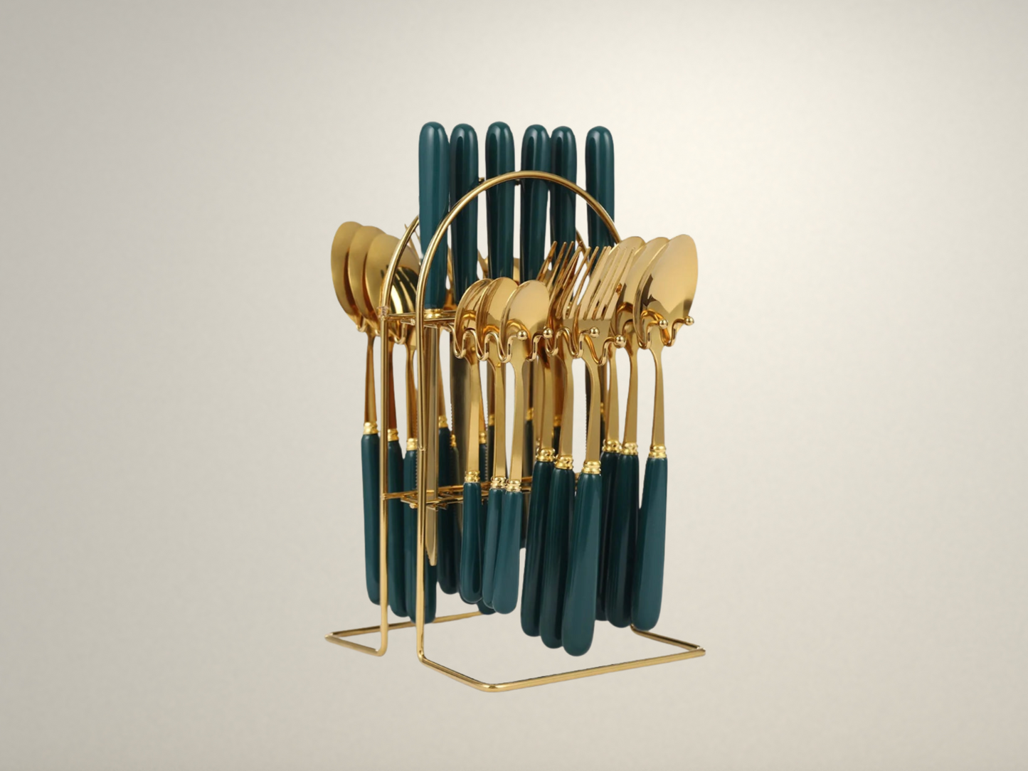 OllaLuxe 24-Piece Stainless Steel Cutlery Set with Stand - Dark Green Handles & Gold Accents