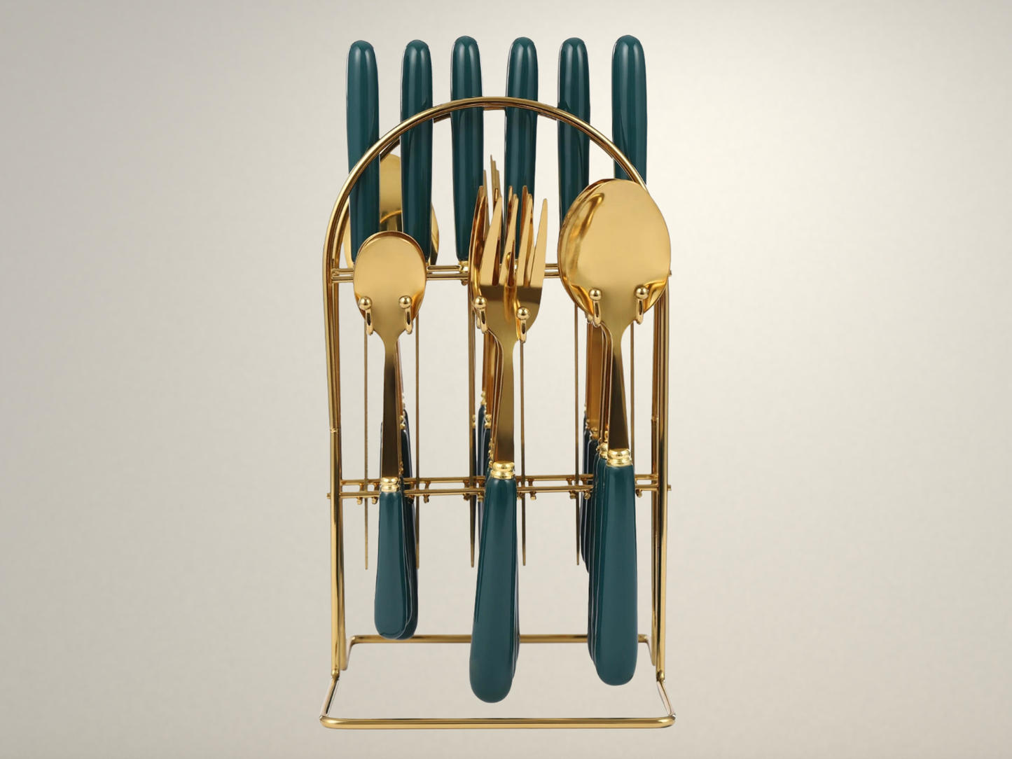 OllaLuxe 24-Piece Stainless Steel Cutlery Set with Stand - Dark Green Handles & Gold Accents