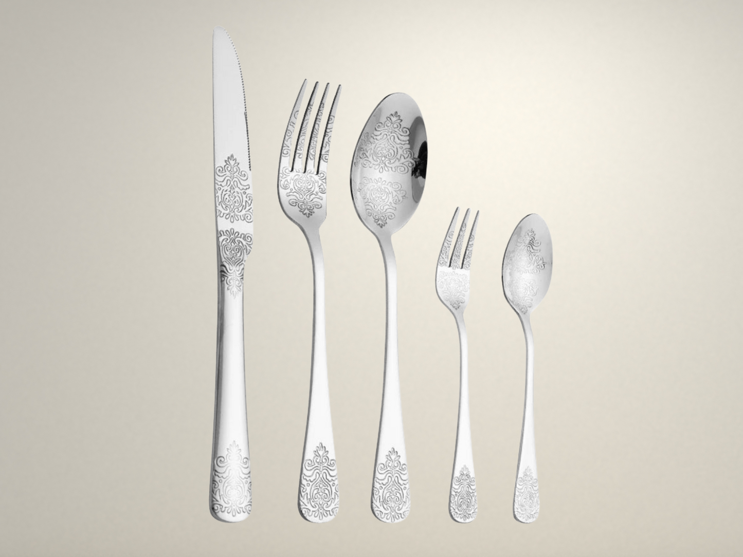 OllaLuxe 5-Piece Stainless Steel Cutlery Set – Golden Carved Tableware