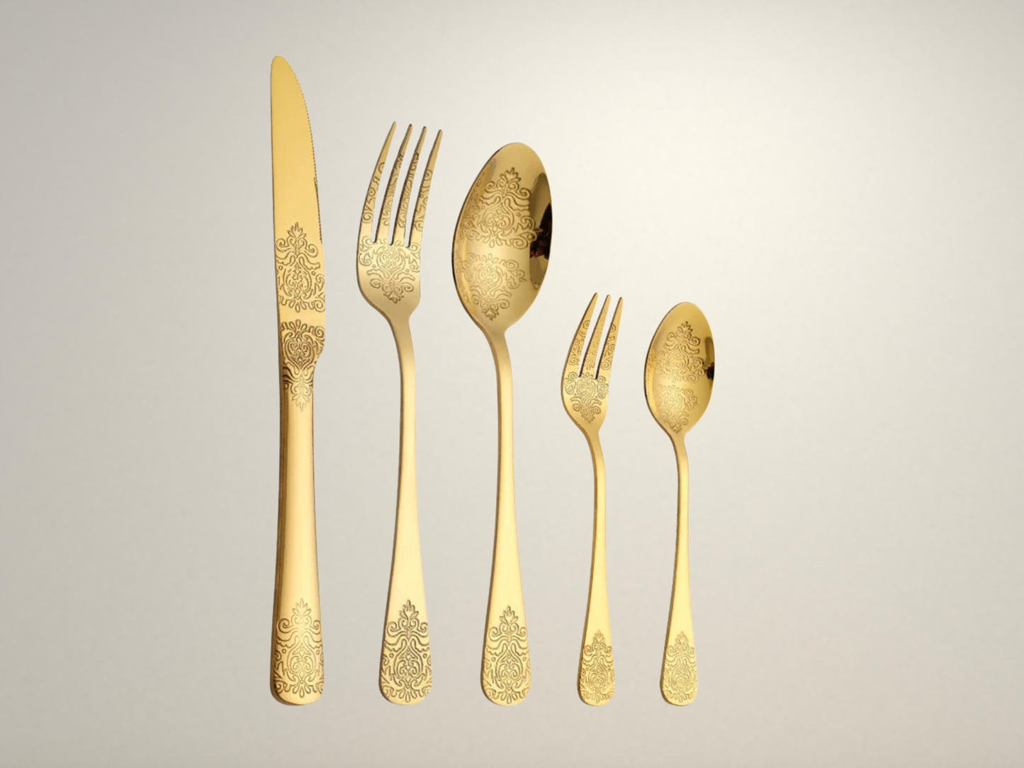 OllaLuxe 5-Piece Stainless Steel Cutlery Set – Golden Carved Tableware