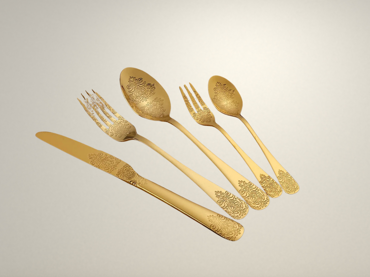 OllaLuxe 5-Piece Stainless Steel Cutlery Set – Golden Carved Tableware