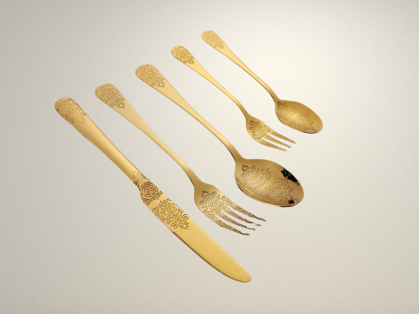 OllaLuxe 5-Piece Stainless Steel Cutlery Set – Golden Carved Tableware
