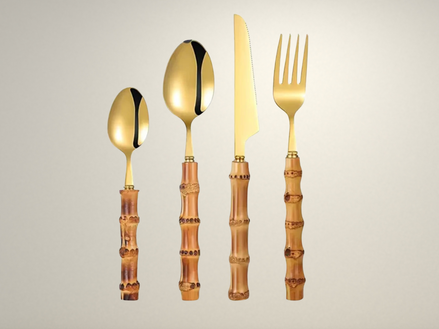OllaLuxe Bamboo-Handle Cutlery Set – Eco-Friendly 4-Piece Stainless Steel Flatware