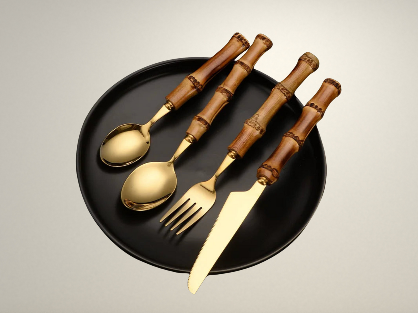 OllaLuxe Bamboo-Handle Cutlery Set – Eco-Friendly 4-Piece Stainless Steel Flatware