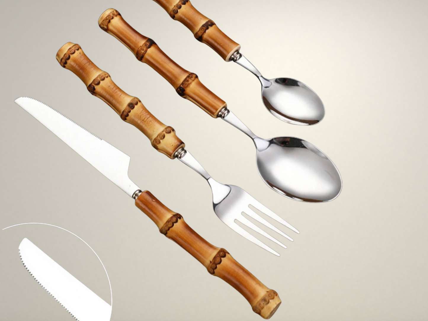 OllaLuxe Bamboo-Handle Cutlery Set – Eco-Friendly 4-Piece Stainless Steel Flatware