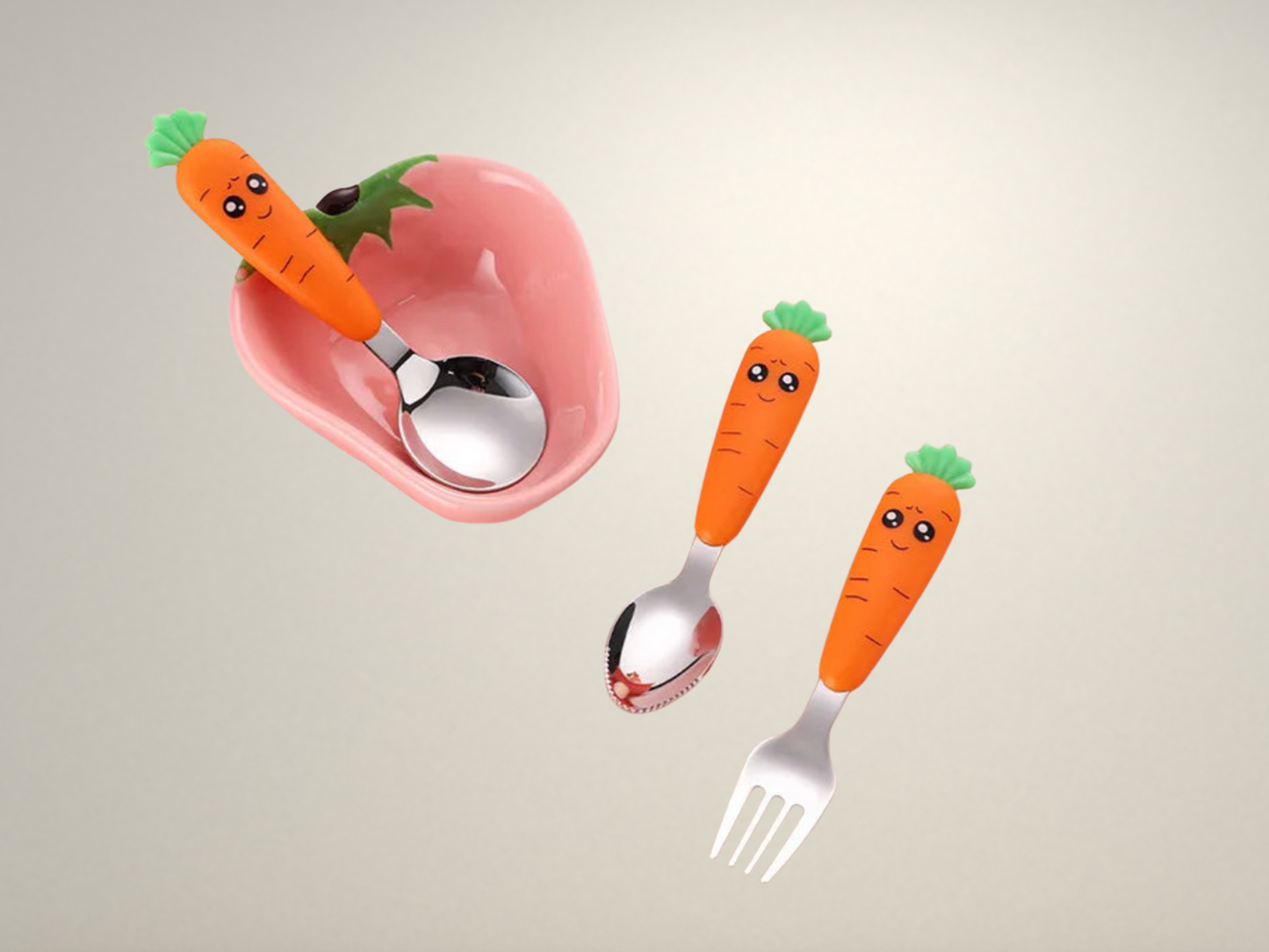 OllaLuxe Children’s Carrot Spoon & Fork Set – Stainless Steel Baby Feeding Cutlery
