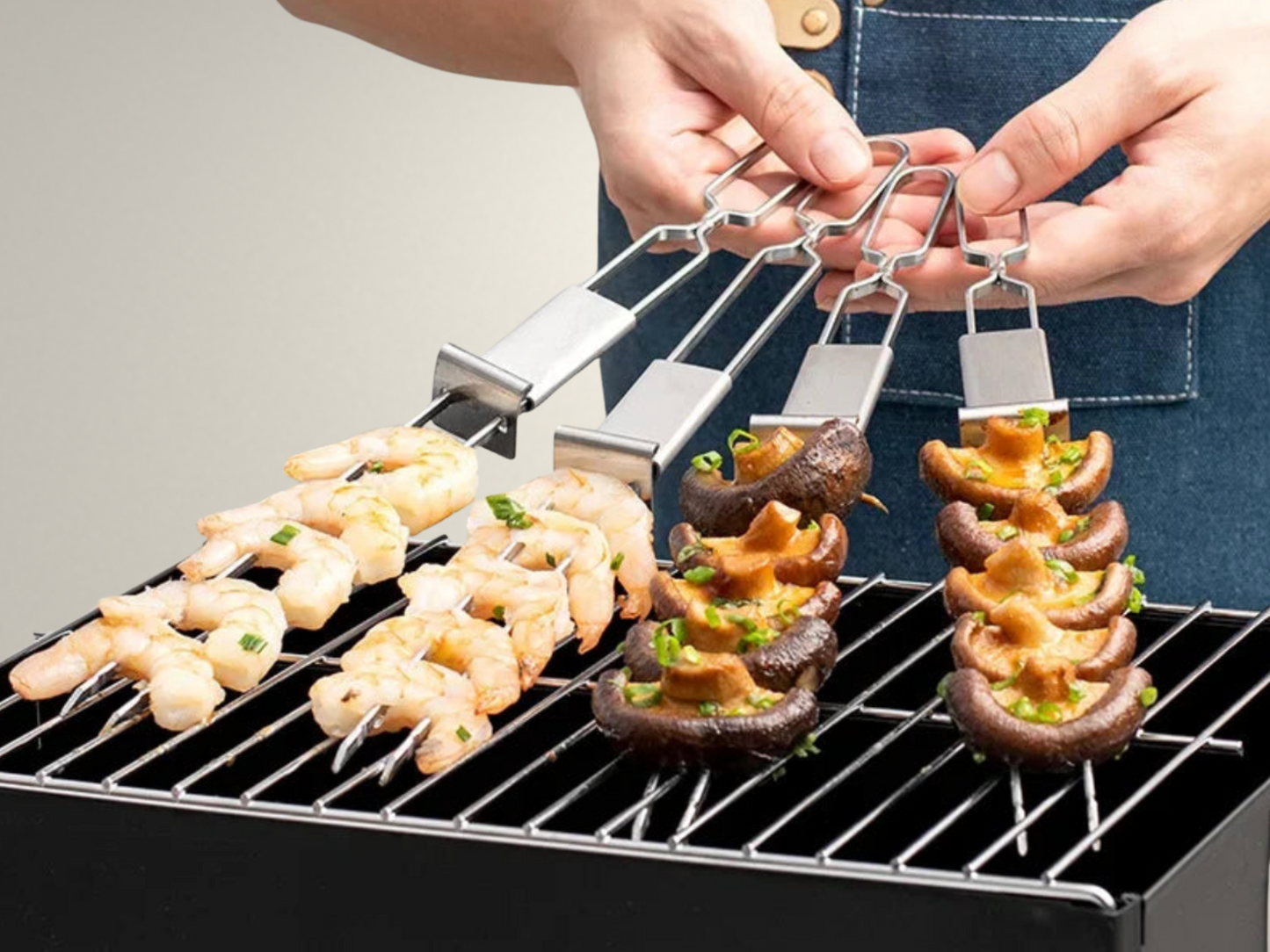 OllaLuxe Double-Needle Stainless Steel BBQ Skewers – Reusable Barbecue Forks