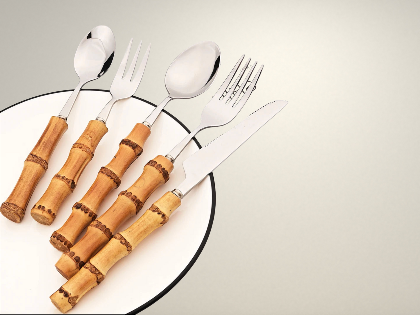 OllaLuxe Natural Bamboo Handle Cutlery Set – 4/20Pcs Stainless Steel Dinnerware