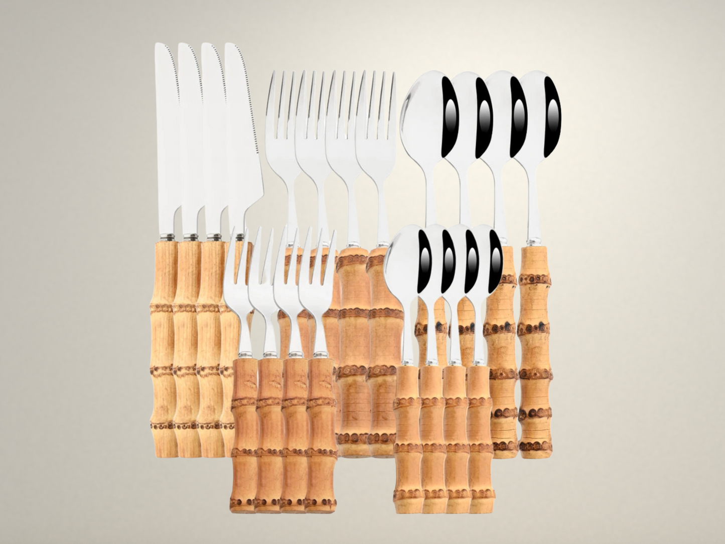 OllaLuxe Natural Bamboo Handle Cutlery Set – 4/20Pcs Stainless Steel Dinnerware