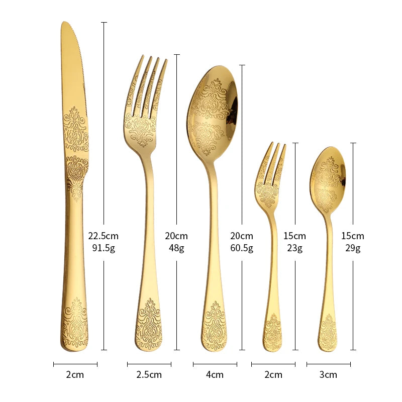 OllaLuxe 5-Piece Stainless Steel Cutlery Set – Golden Carved Tableware