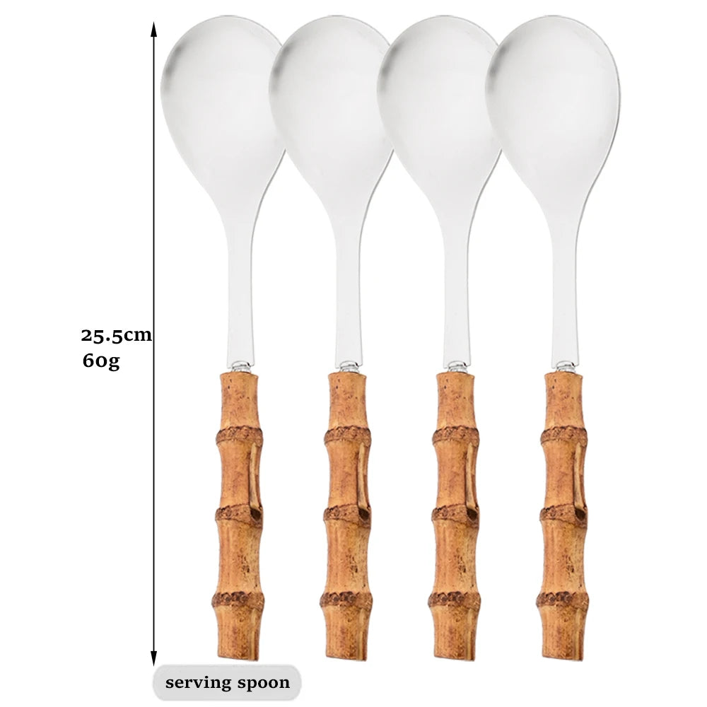 OllaLuxe Natural Bamboo Handle Cutlery Set – 4/20Pcs Stainless Steel Dinnerware