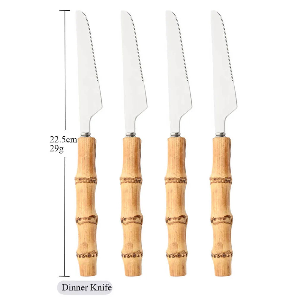 OllaLuxe Natural Bamboo Handle Cutlery Set – 4/20Pcs Stainless Steel Dinnerware