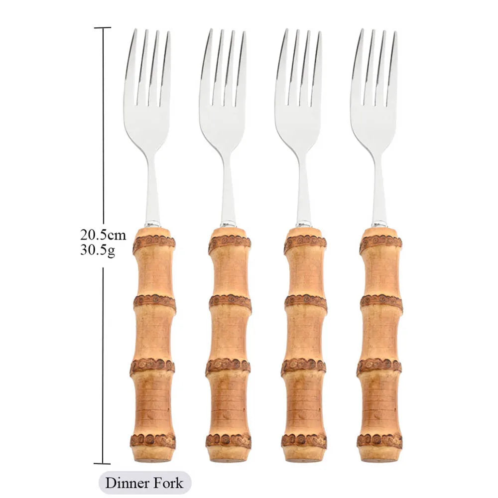 OllaLuxe Natural Bamboo Handle Cutlery Set – 4/20Pcs Stainless Steel Dinnerware