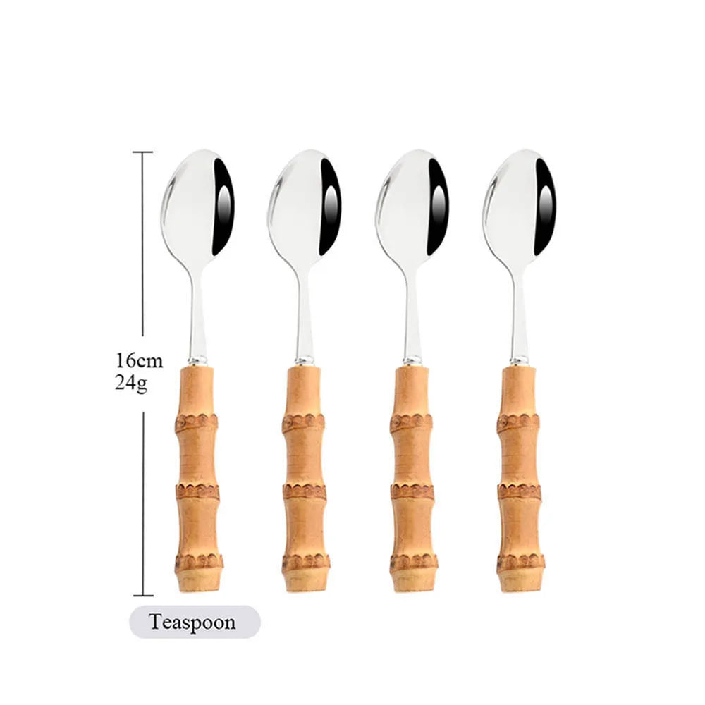 OllaLuxe Natural Bamboo Handle Cutlery Set – 4/20Pcs Stainless Steel Dinnerware