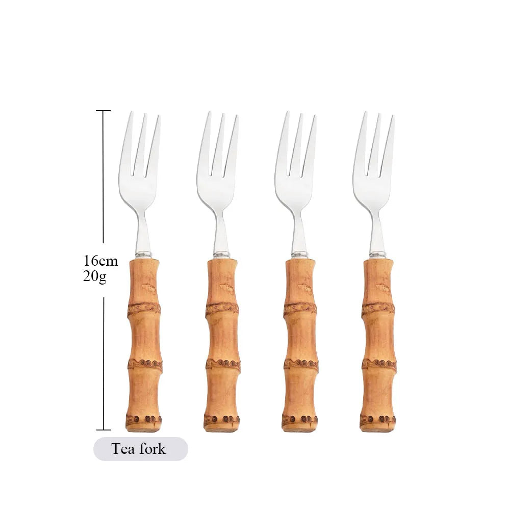 OllaLuxe Natural Bamboo Handle Cutlery Set – 4/20Pcs Stainless Steel Dinnerware