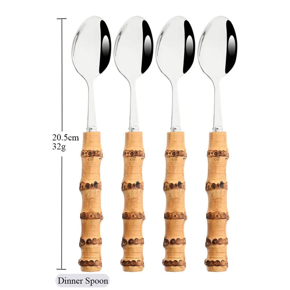 OllaLuxe Natural Bamboo Handle Cutlery Set – 4/20Pcs Stainless Steel Dinnerware