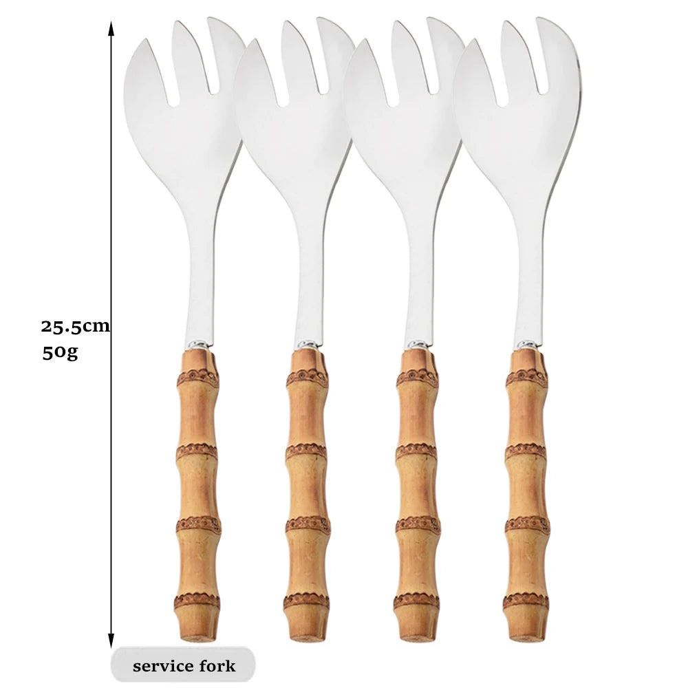OllaLuxe Natural Bamboo Handle Cutlery Set – 4/20Pcs Stainless Steel Dinnerware
