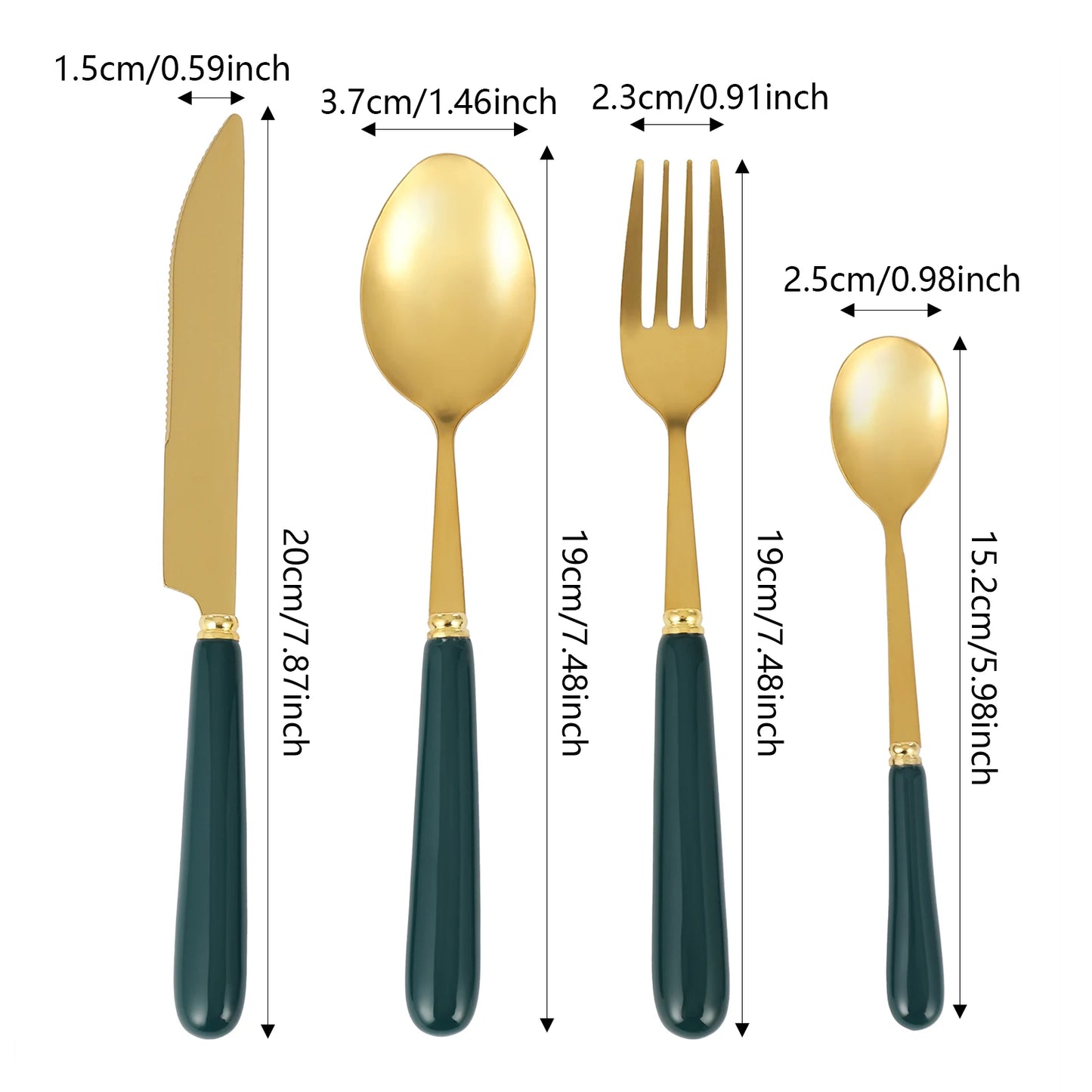 OllaLuxe 24-Piece Stainless Steel Cutlery Set with Stand - Dark Green Handles & Gold Accents