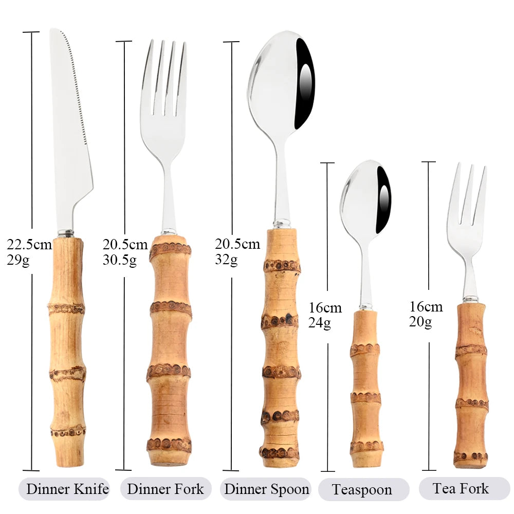 OllaLuxe Natural Bamboo Handle Cutlery Set – 4/20Pcs Stainless Steel Dinnerware