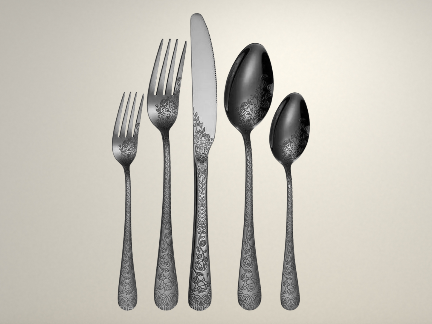 OllaLuxe 20-Piece Floral Engraved Flatware Set - Elegant Silver & Black Tableware Collection