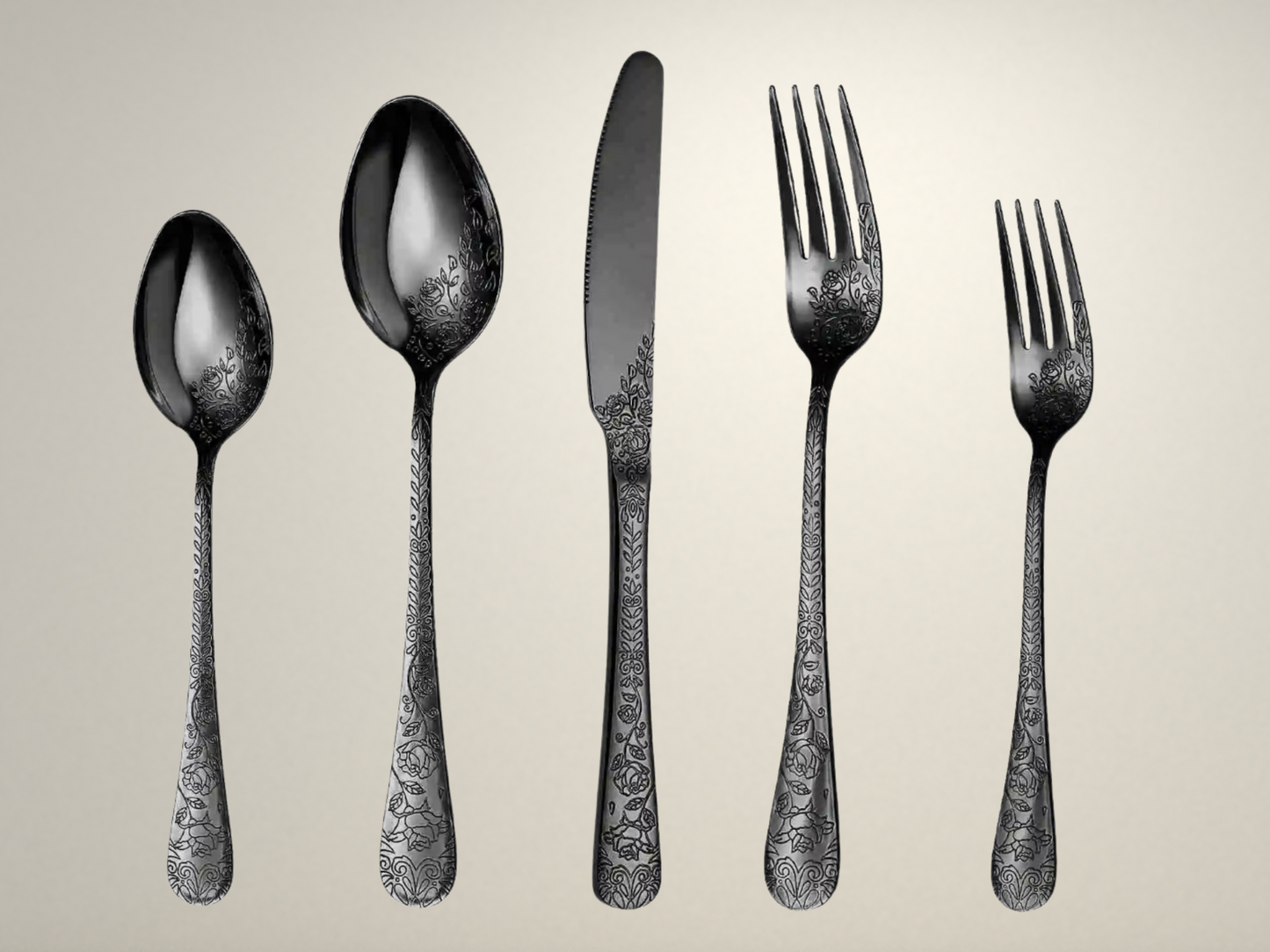 OllaLuxe 20-Piece Floral Engraved Flatware Set - Elegant Silver & Black Tableware Collection