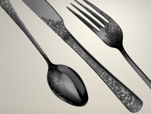 OllaLuxe 20-Piece Floral Engraved Flatware Set - Elegant Silver & Black Tableware Collection