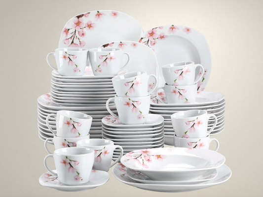 OllaLuxe 30/60-Piece White Porcelain Dinnerware Set – Pink Floral Design for 12 Persons