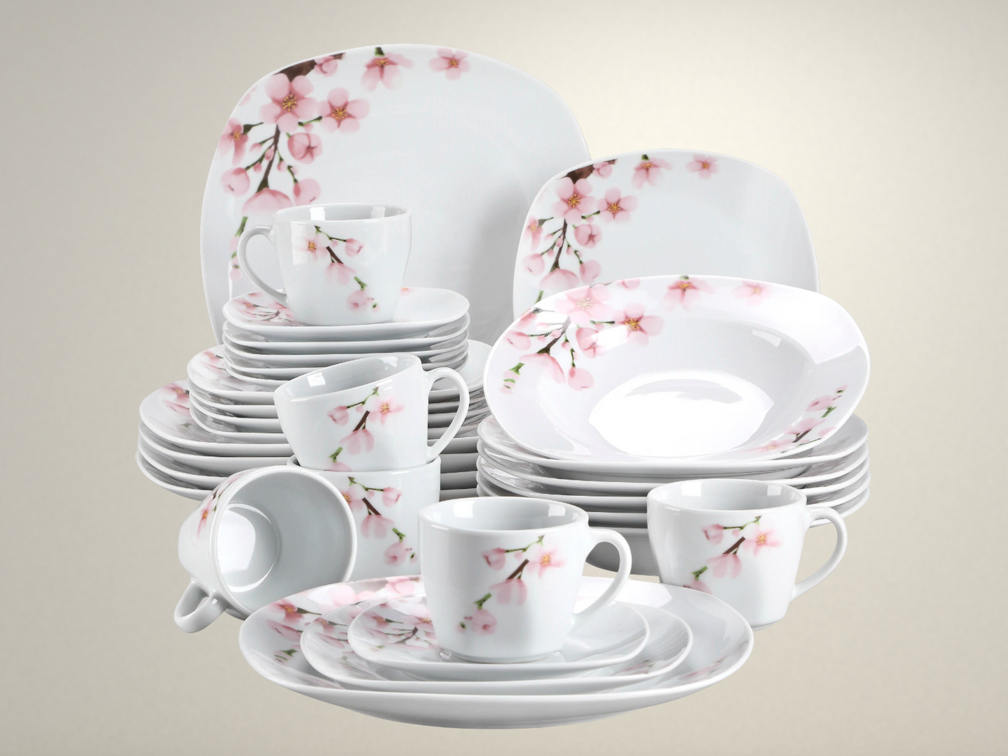 OllaLuxe 30/60-Piece White Porcelain Dinnerware Set – Pink Floral Design for 12 Persons