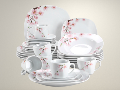 OllaLuxe 30/60-Piece White Porcelain Dinnerware Set – Pink Floral Design for 12 Persons