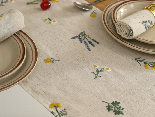 OllaLuxe Linen Wheat Fringe Embroidered Table Runner – Rustic Elegance for Dining & Living Spaces