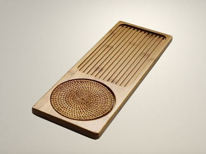 OllaLuxe Small Bamboo Tea Tray with Woven Rattan Mat – Natural Tea Board & Serving Tray