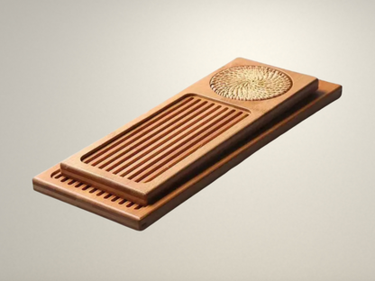 OllaLuxe Small Bamboo Tea Tray with Woven Rattan Mat – Natural Tea Board & Serving Tray