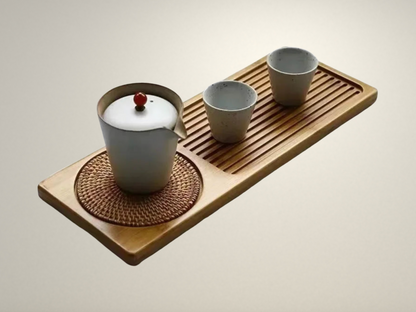 OllaLuxe Small Bamboo Tea Tray with Woven Rattan Mat – Natural Tea Board & Serving Tray