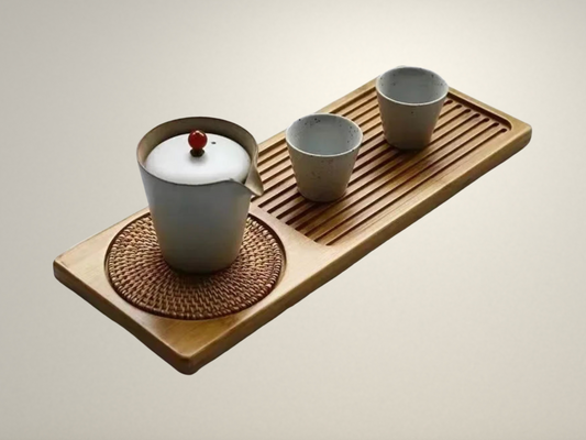 OllaLuxe Small Bamboo Tea Tray with Woven Rattan Mat – Natural Tea Board & Serving Tray