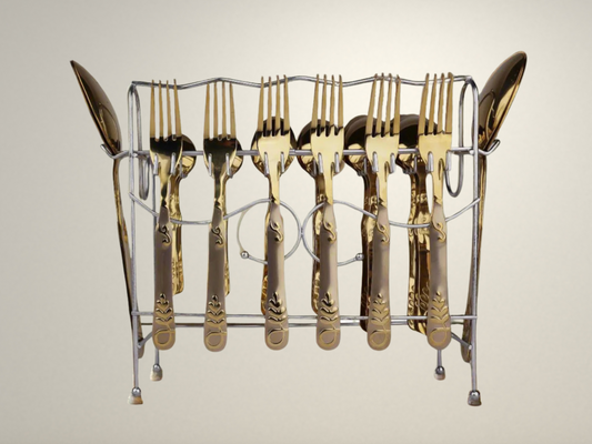 OllaLuxe Stainless Steel 29-Piece PVD Coated Cutlery Set with Chrome Stand – Elegant Dining for Six