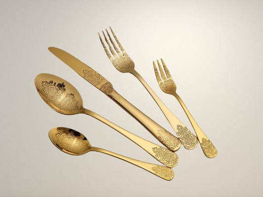 OllaLuxe 5-Piece Stainless Steel Cutlery Set – Golden Carved Tableware