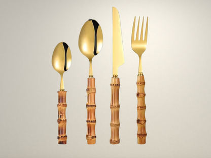 OllaLuxe Bamboo-Handle Cutlery Set – Eco-Friendly 4-Piece Stainless Steel Flatware
