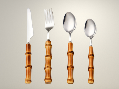 OllaLuxe Bamboo-Handle Cutlery Set – Eco-Friendly 4-Piece Stainless Steel Flatware