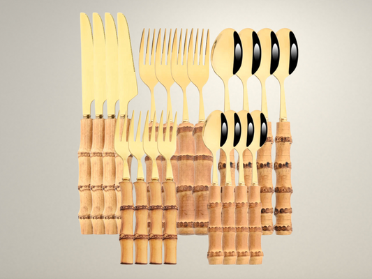 OllaLuxe Natural Bamboo Handle Cutlery Set – 4/20Pcs Stainless Steel Dinnerware