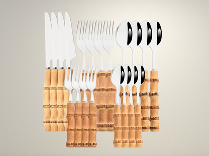 OllaLuxe Natural Bamboo Handle Cutlery Set – 4/20Pcs Stainless Steel Dinnerware