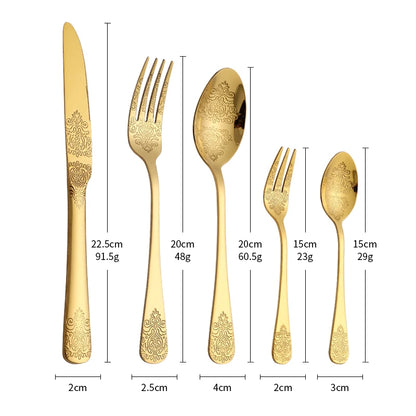 OllaLuxe 5-Piece Stainless Steel Cutlery Set – Golden Carved Tableware