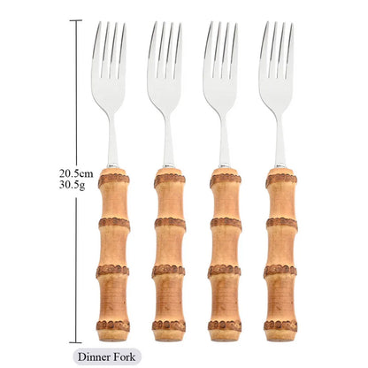 OllaLuxe Natural Bamboo Handle Cutlery Set – 4/20Pcs Stainless Steel Dinnerware